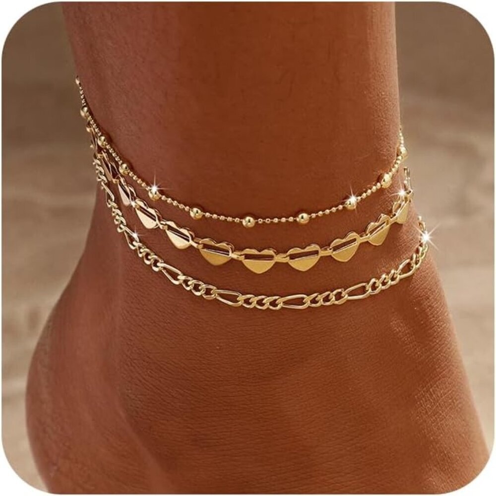 Gold Ankle Bracelets for Women Waterproof,14k Gold Plated Anklet Set Stackable D